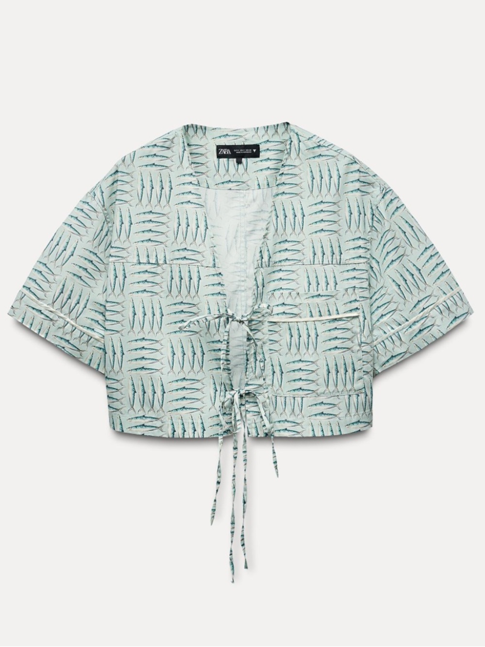 ZARA Mint Fish Patterned Tie-Front Crop Top